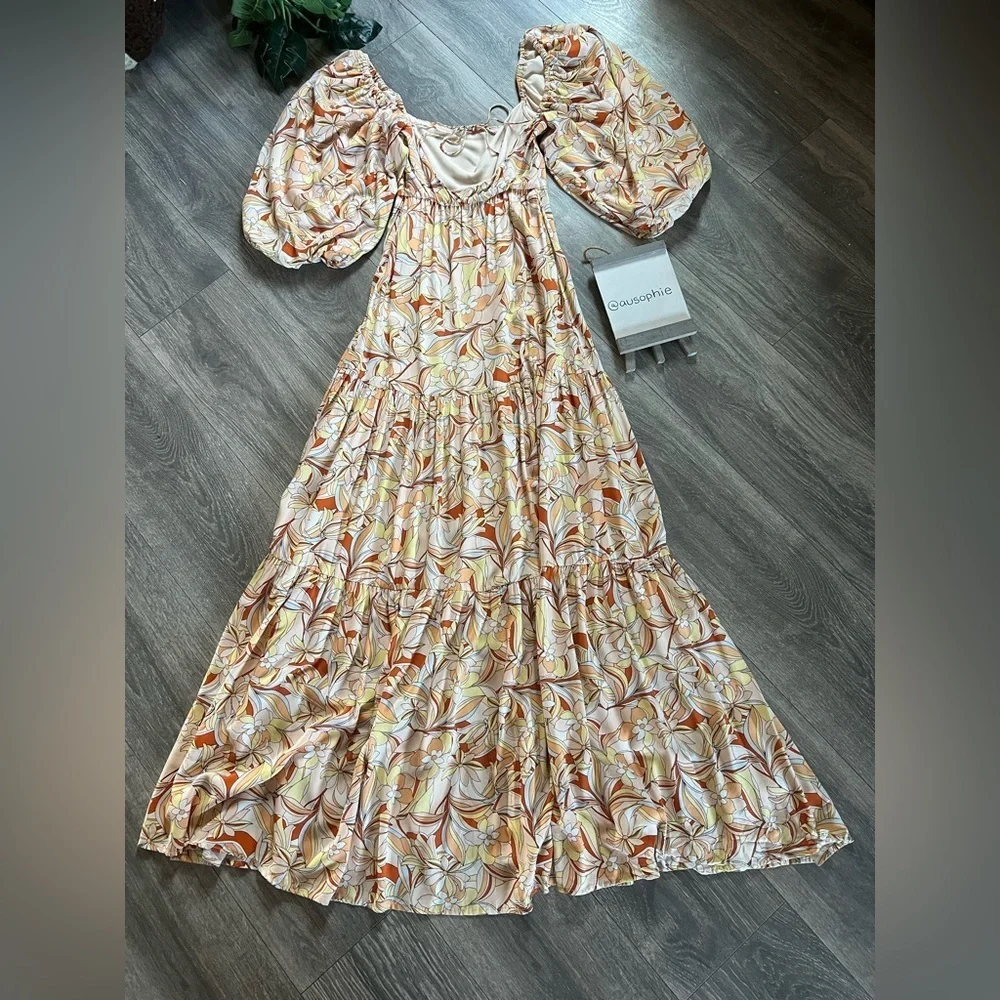 L*Space Bahia Balloon Sleeve Bohemian Cream & Orange Floral Tiered Maxi Dress XS